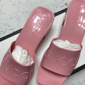 Authentic Gucci wedge rubber slides in baby pink